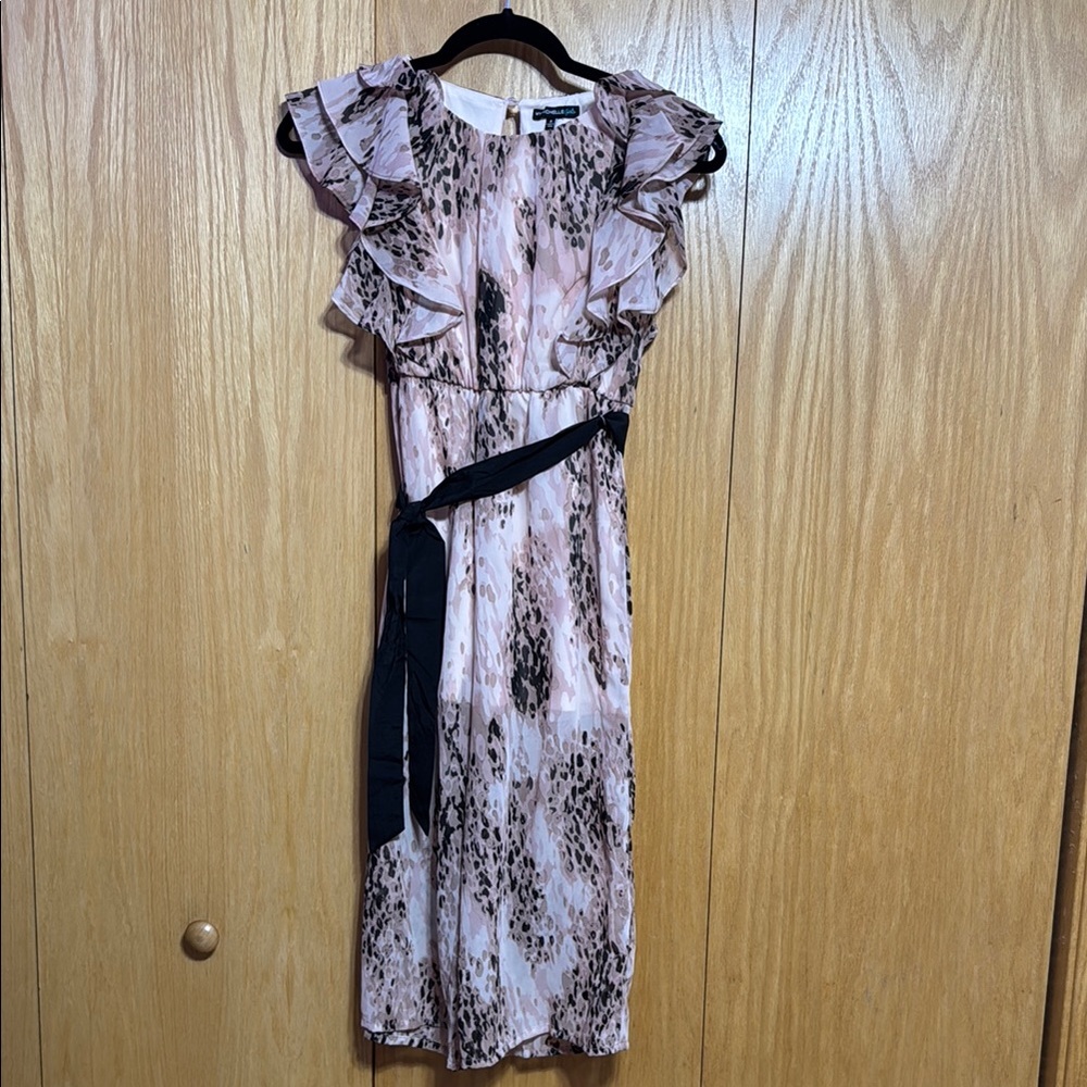 My Michelle Girls Blush Pink Flutter Sleeve Jumpsuit with Black Accents/Belt